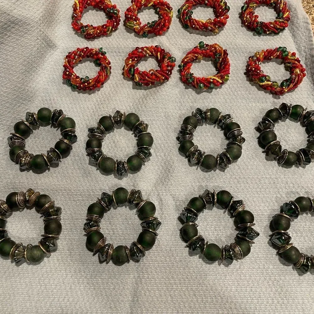 Green Glass Silver Wire Napkin Rings Red Orange Glass Beads Napkin Rings 16 TTL